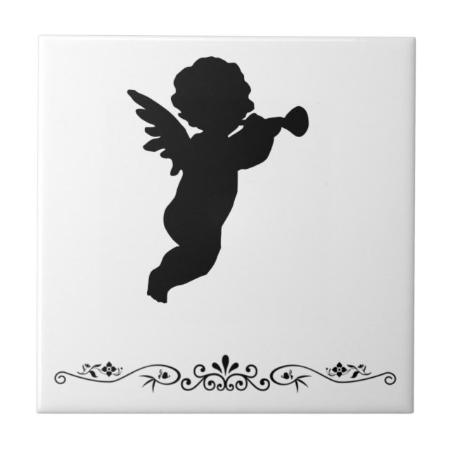 Black Cherub Silhouette på Färgaden Bakgrund Kakelplatta (Framsidan)