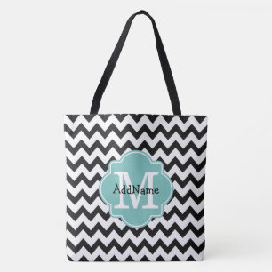 Black Chevron Aqua Monogram och Personlig Namn Tygkasse