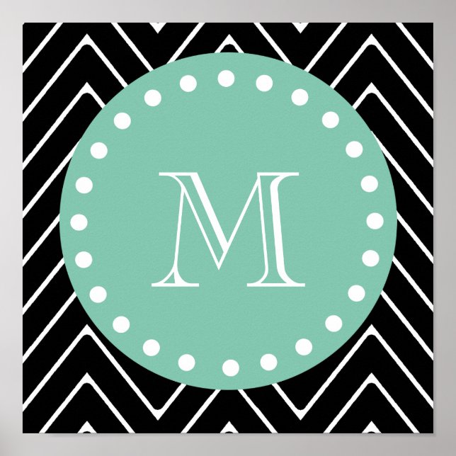 Black Chevron Mönster | Mint Grönt Monogram Poster (Framsidan)