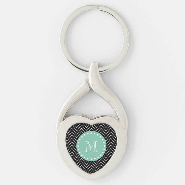 Black Chevron Mönster | Mint Grönt Monogram Twisted Heart Silverfärgad Nyckelring (Framsidan)