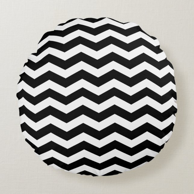 Black Chevron Mönster Round Pillows Rund Kudde (Framsidan)