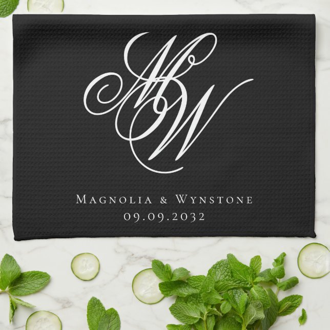 Black Chic Monogram Bröllop Kökshandduk (Vikta)