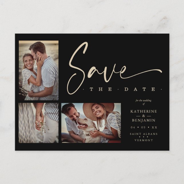 Black Chic Trendig Collage Bröllop 3 Foton Vykort (Framsida)