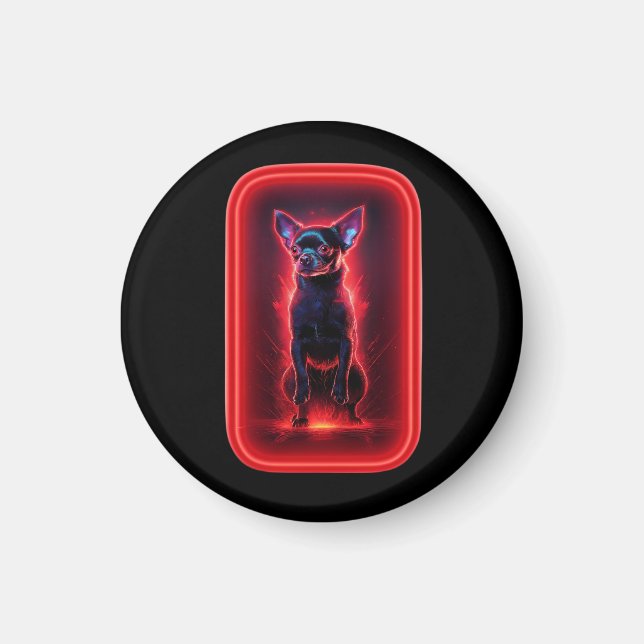 Black Chihuahua Dances Amidst Neon Red Light Magnet (Framsidan)