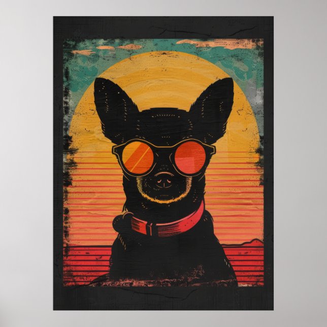 Black Chihuahua Silhouette Retro Sunrise Poster (Framsidan)