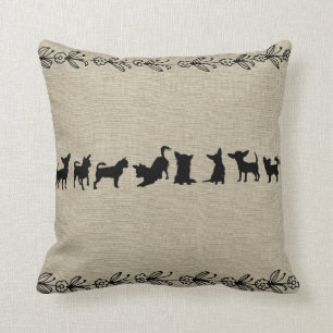 Black Chihuahua Silhouette Vintage Blommigt Pillow Kudde