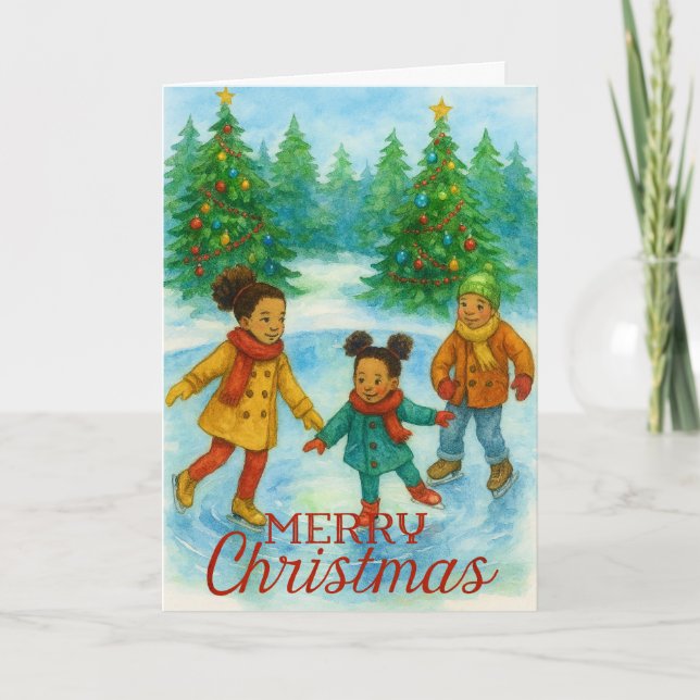 Black Children Ice Skating Christmas Card Helgkort (Framsida)