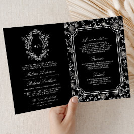 Black Chinoiserie Crest QR Code Wedding Inbjudan