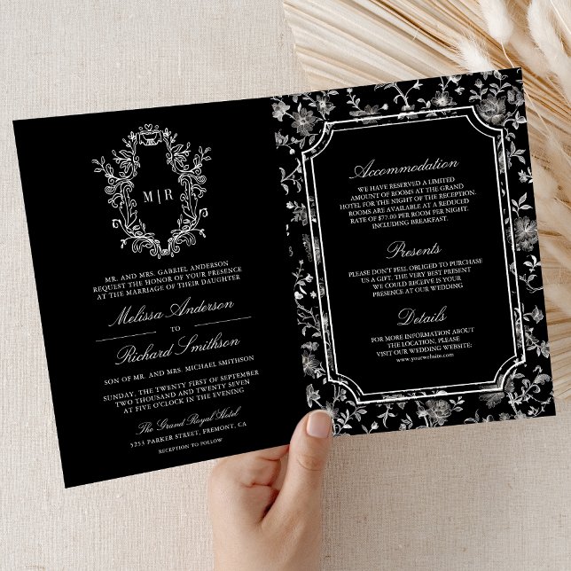 Black Chinoiserie Crest QR Code Wedding Inbjudan (Skapare uppladdad)