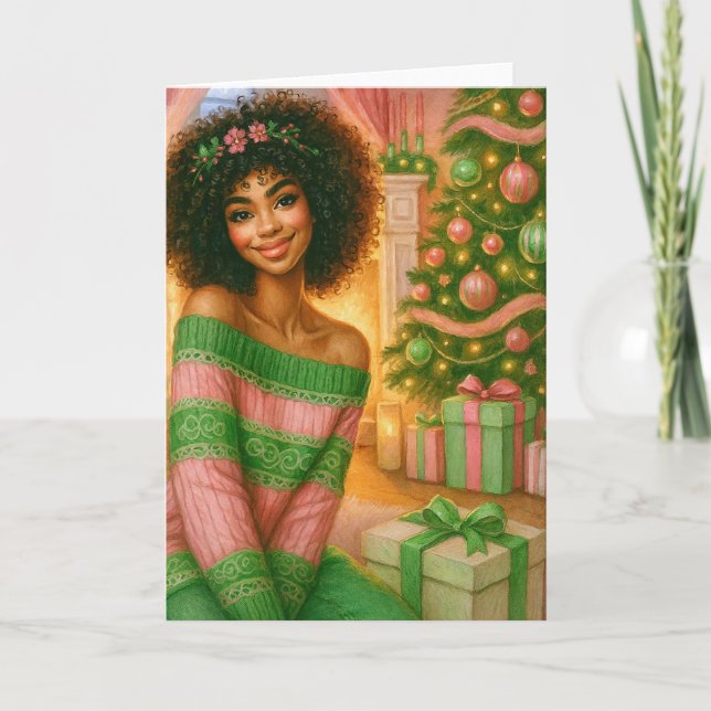 Black Christmas Card | Pink and Green Card Kort (Framsida)