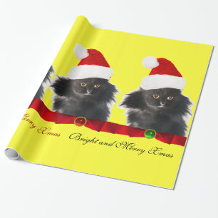BLACK CHRISTMAS CAT,JULTOMTEN HAT OCH RÖTT RIBBON PRESENTPAPPER