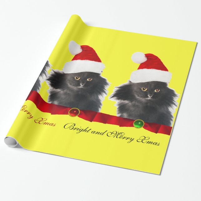 BLACK CHRISTMAS CAT,JULTOMTEN HAT OCH RÖTT RIBBON PRESENTPAPPER (Utrullad)