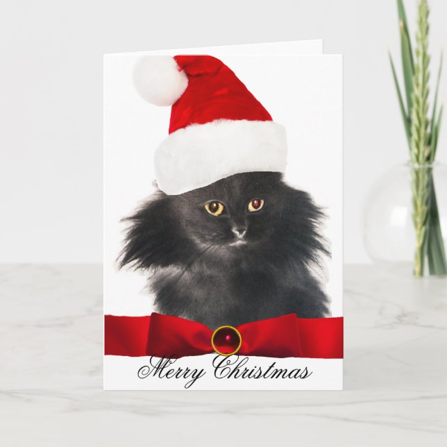 BLACK CHRISTMAS CAT MED JULTOMTEN HAT HELGKORT (Framsida)