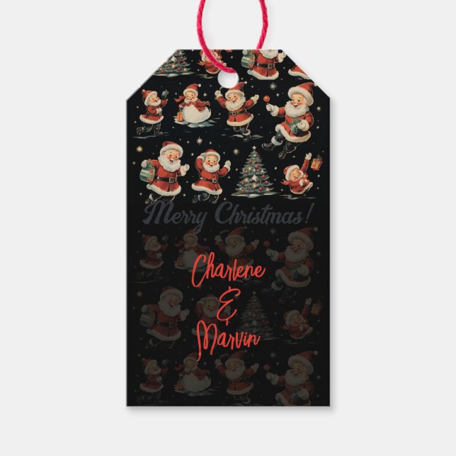 Black Christmas Santa Snowman vintage Gift Tag Presentetikett (Framsidan)