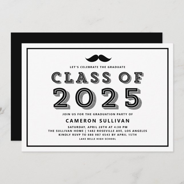 Black Class of 2025 Mustache Retro Studenten Inbjudningar (Fram/baksida)