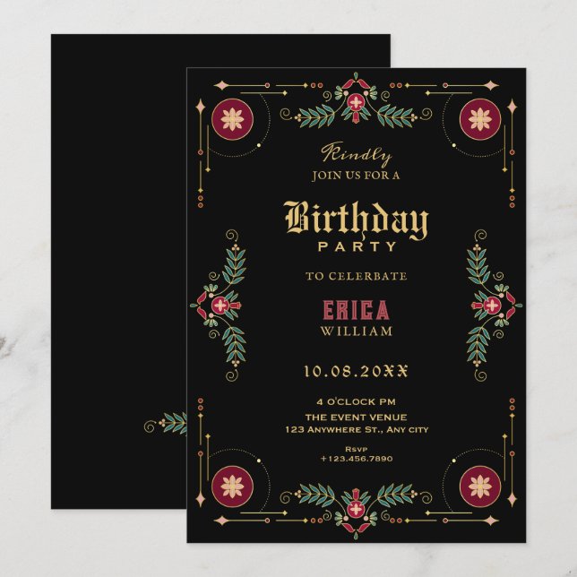 Black classic floral birthday inbjudningar (Fram/baksida)