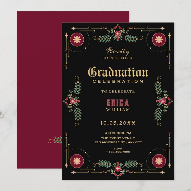 Black classic floral graduation inbjudningar (Fram/baksida)