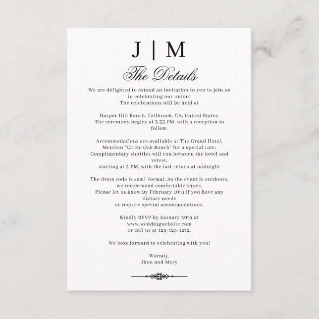 Black & Classic Monogram Wedding Reception Tilläggskort (Framsida)