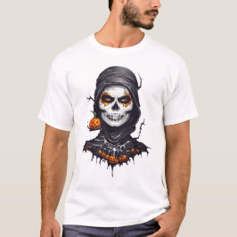 Black Cloaket Skeleton Halloween AI Art T Shirt