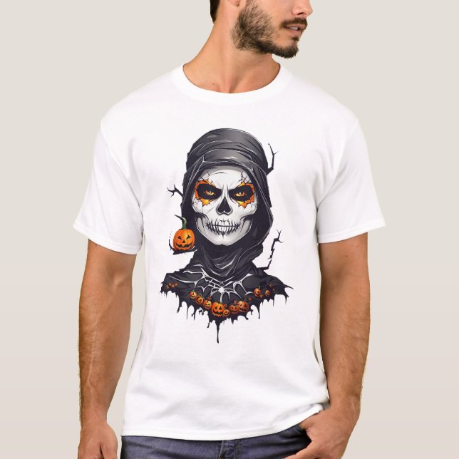 Black Cloaket Skeleton Halloween AI Art T Shirt (Framsida)