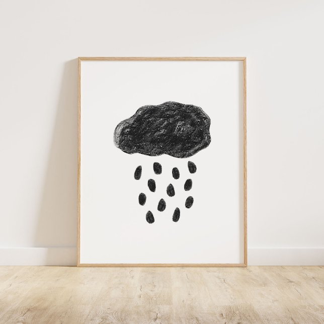 Black Cloud and Rain Poster (Chalky, textured brush style Cloud and Raindrops in black)