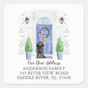 Black Cockapoo Blue Door Ny adress Label Fyrkantigt Klistermärke