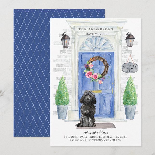 Black Cockapoo Front Door Flytta Announcement Inbjudningar (Fram/baksida)
