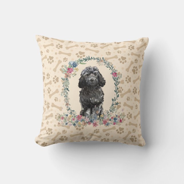 Black Cockapoo Hund Paw Print & Blommigt Cute Kudde (Framsida)