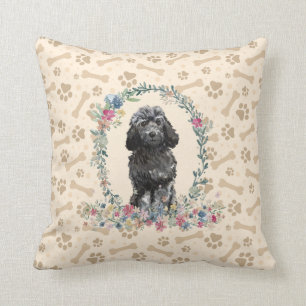 Black Cockapoo Hund Paw Print & Blommigt Cute Kudde