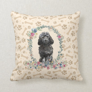 Black Cockapoo Hund Paw Print & Blommigt Cute Kudde