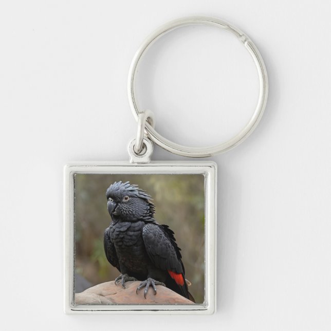 Black Cockatoo Fyrkantig Silverfärgad Nyckelring (Framsidan)
