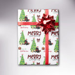 Black Cocker Spain, Bird och Julgran Presentpapper<br><div class="desc">Det upprepade mönster på denna söta julomslutning papper är en bild av en berömvärd svart Cocker-spanjor som bär en julhatt och röd båge. Hund finns bland paket som är en lätt inslagen gåva bredvid ett dekorerat Julgran. En bullfinkfågel landar på träd bakom den. God jul" står i den smidda texten...</div>