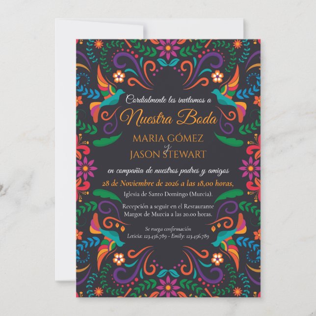 Black Colorful Floral Nuestra Boda Spanish Wedding Inbjudningar (Framsida)