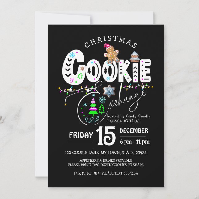 Black Colorful-Helgdag för jul Cookie Exchange Inbjudningar (Framsida)