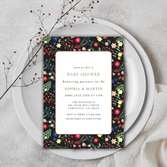 Black Colorful Little Wildblomme Ram Baby Shower Inbjudningar (Black Colorful Little Wildflower Frame Baby Shower Invitation)