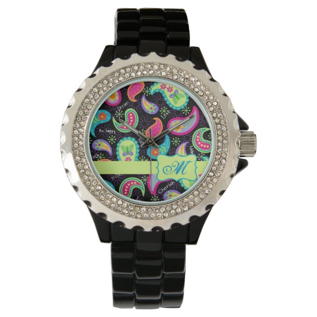 Black Colorful Modern Paisley Mönster Monogram Armbandsur (Framsida)