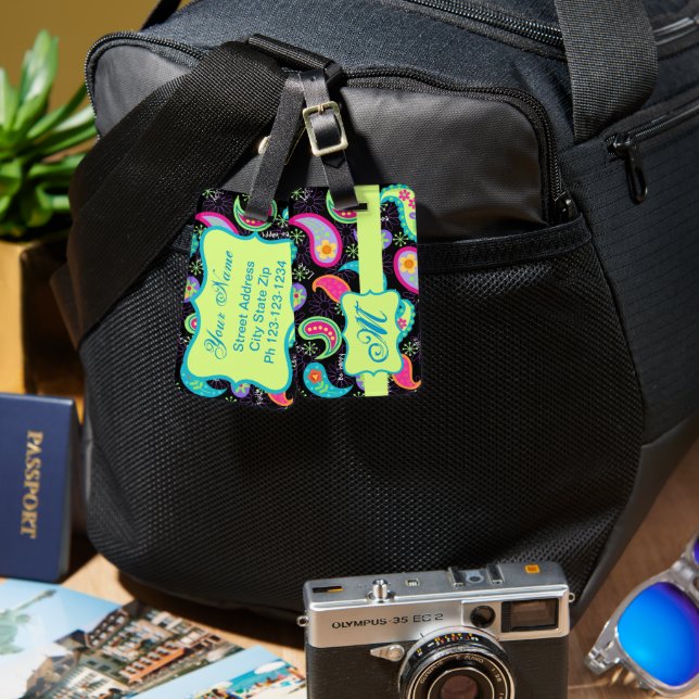Black Colorful Modern Paisley Mönster Monogram Bagagebricka (Fram & Baksida)
