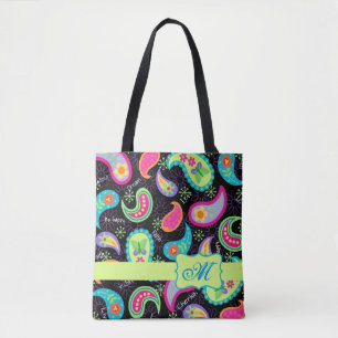 Black Colorful Modern Paisley Mönster Monogram Tygkasse