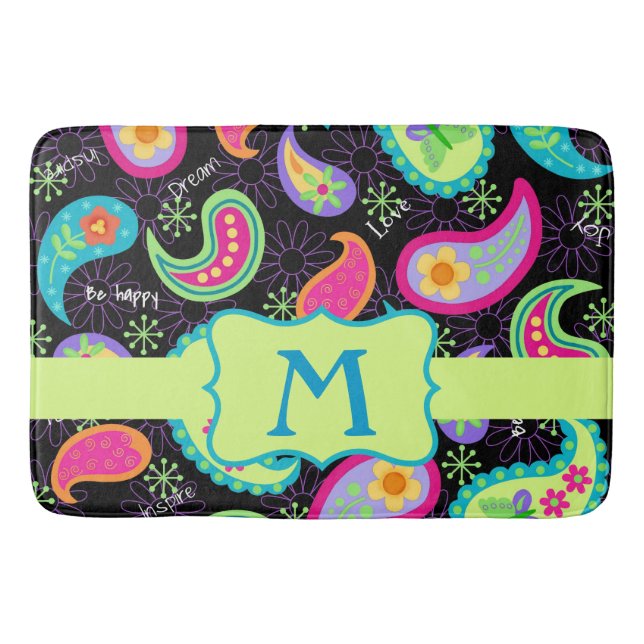 Black Colorful Monogram Modern Paisley Mönster Badrumsmatta (Framsidan)