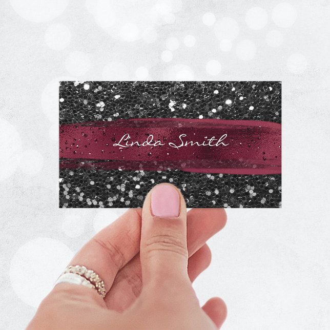 Black Confetti Glitter Burgundy-penseldrag Visitkort (Black Confetti Glitter Burgundy Brush Strokes Business Card)