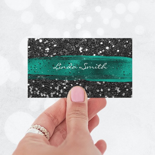 Black Confetti Glitter Teal Green Push Strokes Visitkort (Black Confetti Glitter Teal Green Brush Strokes Business Card)
