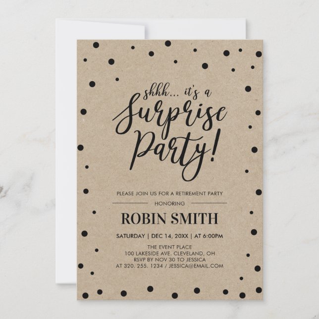 Black Confetti & Kraft Surprise Pension Party Inbjudningar (Framsida)