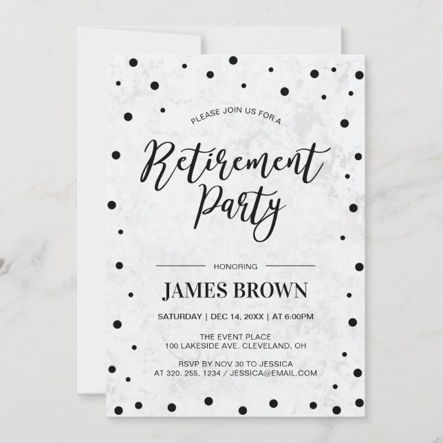 Black Confetti & Marble | Modern Pension Party Inbjudningar (Framsida)