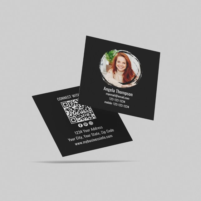 Black Connect with Me Photo QR Code  Fyrkantigt Visitkort (Black and white photo business card template.)