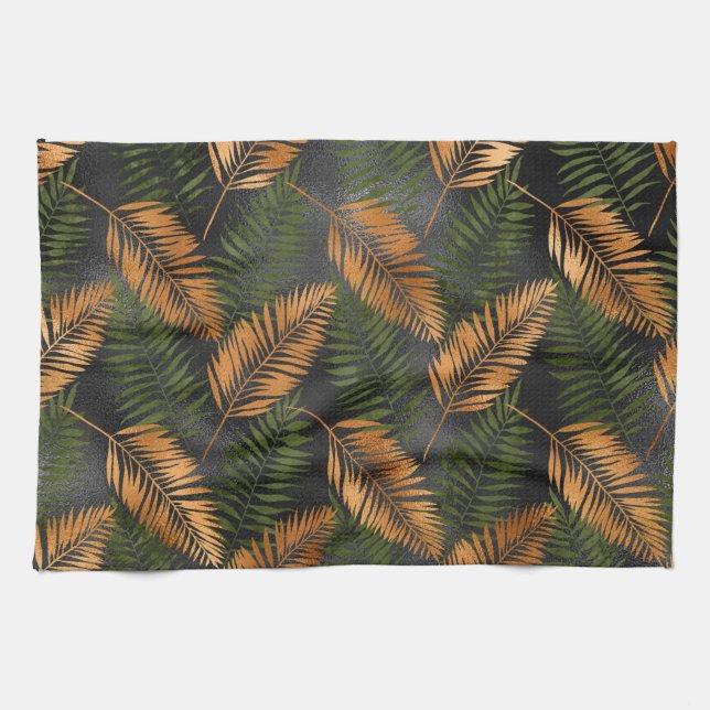 Black Copper Brown Palm Tree Leaf Glam Tropical Kökshandduk (Horisontell)