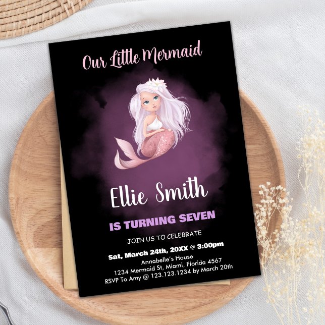 Black Copper Svan Sjöjungfru Birthday-inbjudningar Inbjudningar (Black Copper Tail Mermaid Birthday Invitations)