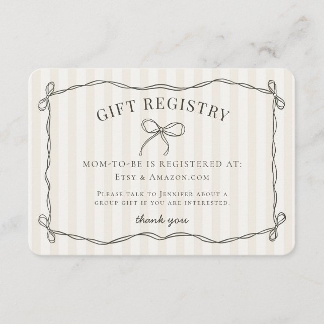 Black Coquette Bow Beige Baby Shower Registry Tilläggskort (Framsida)