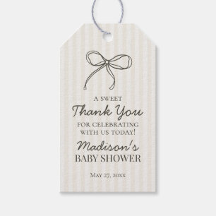 Black Coquette Bow Beige Stripe Baby Shower-favori Presentetikett