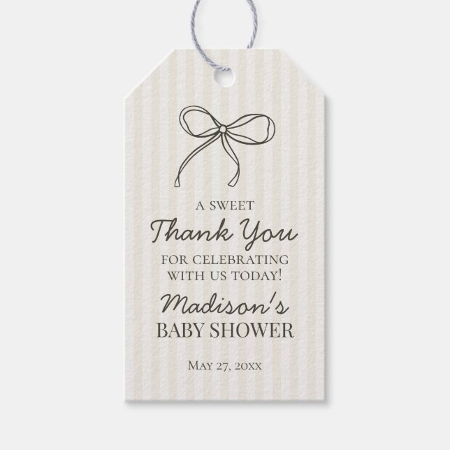 Black Coquette Bow Beige Stripe Baby Shower-favori Presentetikett (Framsidan)