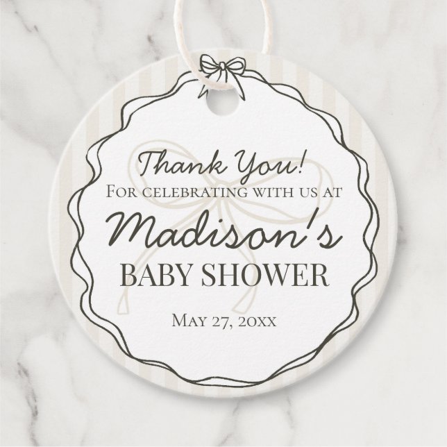 Black Coquette Bow Beige Stripe Baby Shower Gåvor Etiketter (Framsida)